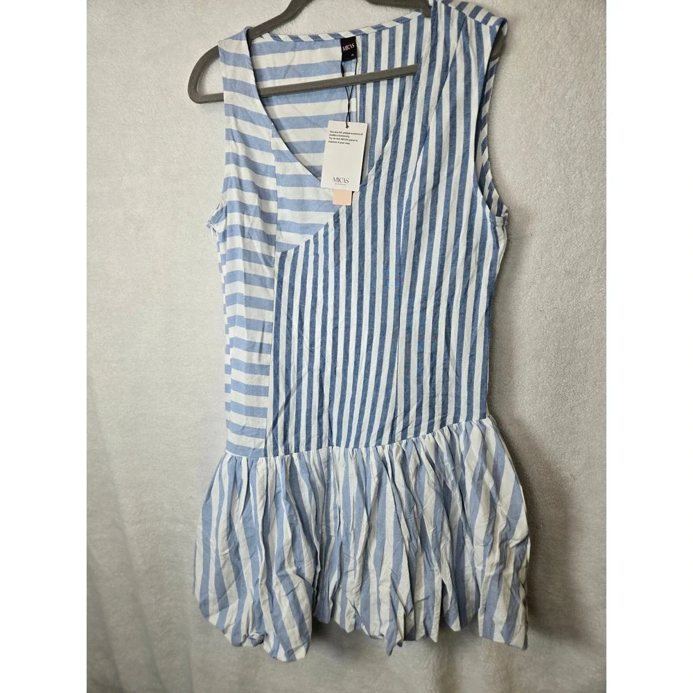 MICAS Blue White Mixed Stripe Bubble Hem Mini Dress XL New With Tags V-Neck